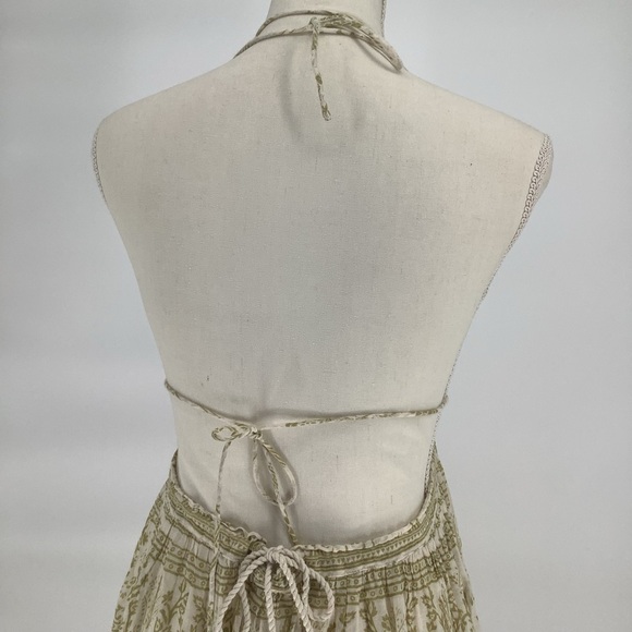 Free People Backless Elegant Green and Cream Halter Maxi Dress - Picture 2 of 13
